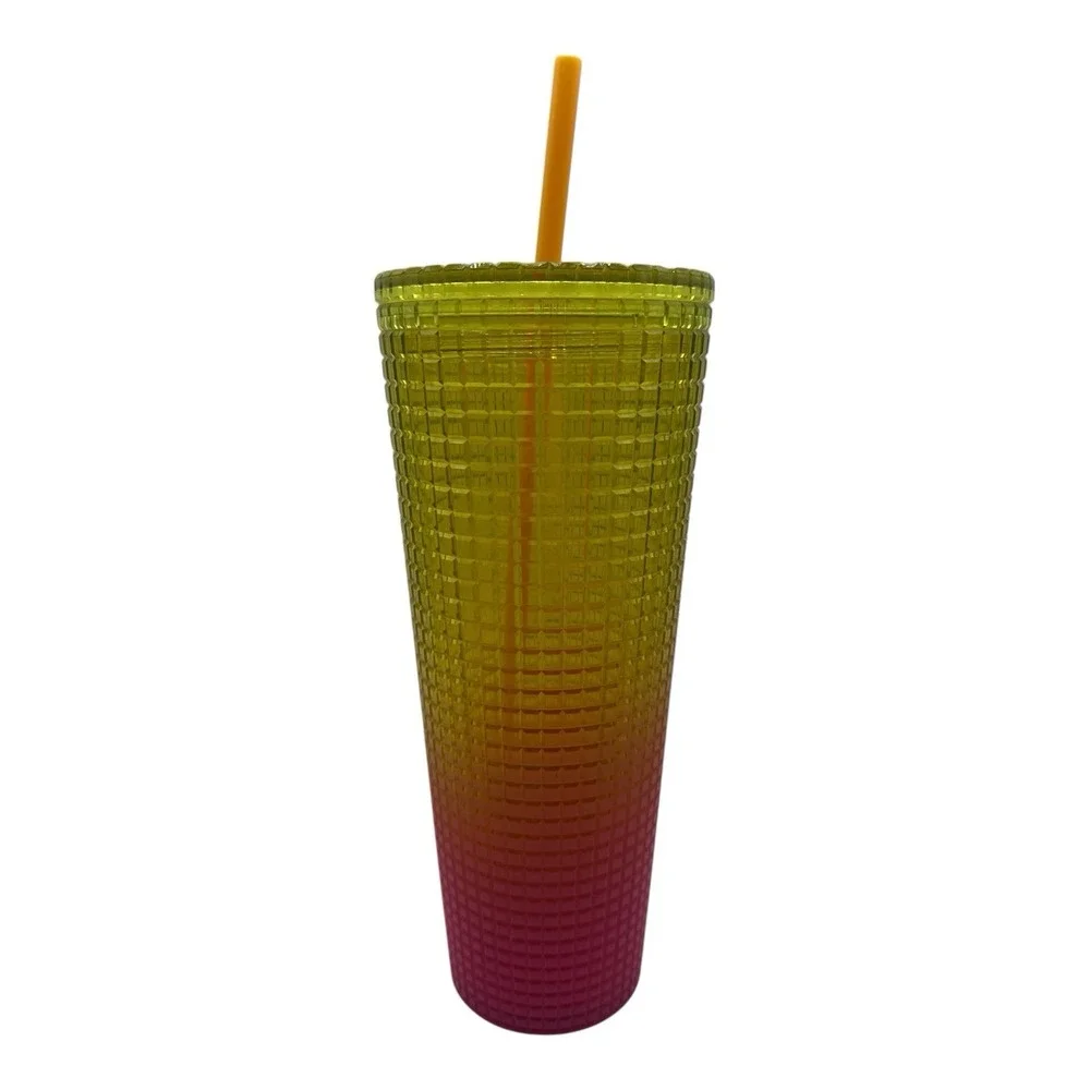 Starbucks 2022 Lemon Yellow Pink Gradient Ombre Grid 24oz Venti Tumbler‎